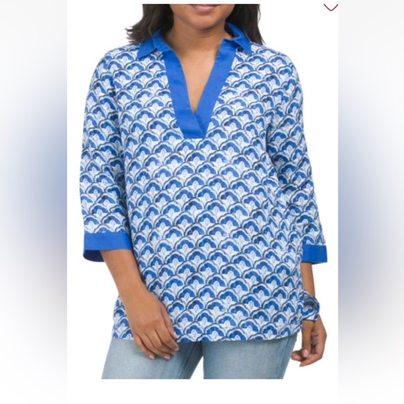 Sigrid Olsen Tops - Sigrid Olsen linen blue tunic top printed XL